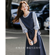 尚靜半身裙套裝女裝2025秋裝新撞色假兩件圓領短襯衫半截裙一整套穿搭 灰色 XL