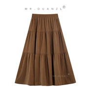 tromlfzMRDUANZL咖色文藝范長(cháng)裙拼接燈芯絨秋季搭配半身裙A字裙大擺裙子 卡其色 均碼