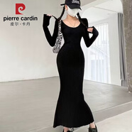 皮爾卡丹秋冬歐美針織連衣裙女甜辣妹修身緊身打底魚尾毛衣包臀超長裙子 黑色 均碼 85-130斤
