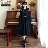 啄木鳥(niǎo)微胖女孩大碼秋冬季赫本風(fēng)長(cháng)袖假兩件燈芯絨背帶連衣裙子遮肚顯瘦 黑色 送腰帶 M 建議100斤以?xún)?
                                         title=