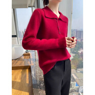翻領(lǐng)系扣厚寬松套頭毛衣針織打底衫女2025秋冬新款可外穿針織衫女 紅色 均碼 建議90-125斤