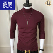 羅蒙（ROMON）男絲光棉修身高領(lǐng)半袖打底衫莫代爾純色中領(lǐng)秋衣半高領(lǐng)七分袖T恤 酒紅色 L