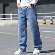 簡徒秋季純棉牛仔褲男寬松直筒闊腿加肥加大碼男裝休閑長褲高腰肥佬褲 -3淺藍(lán)【無彈】 四季款 33 /2尺6