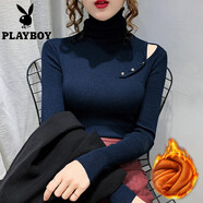 花花公子（PLAYBOY）加絨堆堆領(lǐng)毛衣女秋冬新款套頭洋氣鏤空紐扣內搭針織打底衫女上衣 藏青 加絨 S