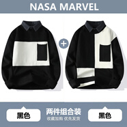 NASA MARVEL針織衫男韓版潮流拼接假兩件襯衫領(lǐng)毛衣男寬松百搭線(xiàn)衣男 黑色+8062黑色 XL (約120~160斤可穿)