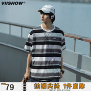 viishowcityboy撞色條紋情侶短t短袖T恤男春夏新款日系寬松t 黑色條紋 XL