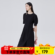 艾萊依（ERAL）商場(chǎng)同款鏤空針織連衣裙夏季氣質(zhì)開(kāi)叉長(zhǎng)裙泡泡短袖連衣裙 炭黑 M 160/84A