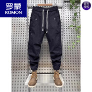 羅蒙（ROMON）潮牌拼接純色工裝褲2025夏季新款排扣束腳休閑褲男寬松哈倫小腳褲 黑色 M