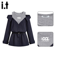 :CHOCOOLATE  it女裝長(cháng)袖t恤女早秋新款翻領(lǐng)露肩拼接假兩件設計感長(cháng)百搭上衣 藏藍色 L
