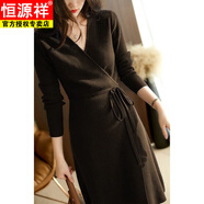 恒源祥秋季V領(lǐng)不規則收腰系帶針織衫女中長(cháng)款開(kāi)衫寬松顯瘦氣質(zhì)名媛外套 黑色 S 80-95斤