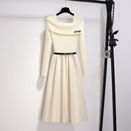 木清清法式一字肩針織連衣裙女春秋2025新款冬天配大衣內搭裙打底毛衣裙 杏【送腰帶】 S 建議85-95斤