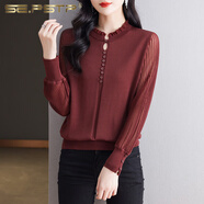 夏典素訂女王（SE.PSTP）2025新款針織衫t恤女休閑上衣薄款小衫新款媽媽長袖打底毛衣 酒紅色 3XL