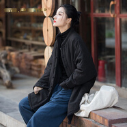 夏典素訂女王（SE.PSTP）2025冬季棉麻女裝新款苧麻做舊改良加絨加厚茶服旅拍女式外套棉衣 墨黑（夾棉） 均碼