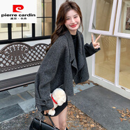 皮爾卡丹（pierre cardin）灰色條紋西裝雙面羊絨大衣女短款2025新款高級感時(shí)尚氣質(zhì)呢子大衣 灰色 S