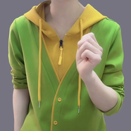 夢(mèng)睿佳含棉衛衣女2025秋季時(shí)尚洋氣新款連帽假兩件撞色保暖衛衣減齡上衣 收藏加購/優(yōu)先發(fā)貨-綠色 XL 建議105-120斤