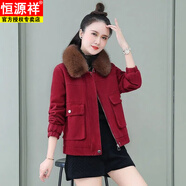 恒源祥派克服女可拆卸毛領(lǐng)加絨加厚短外套秋冬季新款韓版寬松大碼純色 紅色 M 建議：80-100斤