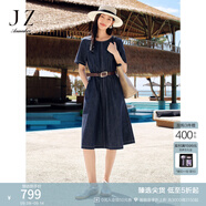 玖姿·安娜蔻【明星同款】慵懶松弛感萊賽爾亞麻牛仔收腰連衣裙女2025夏季新款 丈青-第二批 2XL