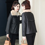 ROWILUX羅威奢品品牌水貂毛領(lǐng)真皮羽絨服女短款韓版夾克皮草時(shí)尚皮衣外套 黑色 S 90-104斤左右