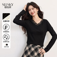 熙世界（sllsky）云柔磨毛針織T恤打底衫長(cháng)袖蕾絲花邊V領(lǐng)上衣2025秋冬新款 曜石黑 XL