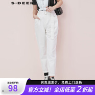 S.DEER圣迪奧春女時尚百搭長褲雙褲腰無彈力干練直筒收腰褲S20180805 白色/90 S 160