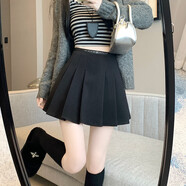 山頭林村秋冬新款百褶高腰呢子A字裙小清新學(xué)院風(fēng)加厚毛呢半身裙 黑色 S