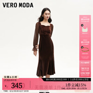 VEROMODA連衣裙秋季女裝新款天鵝絨拼接網(wǎng)紗魚尾長裙鉆石領(lǐng)東方簡奢風(fēng) 紗袖絲絨裙-苛熱棕色 M