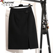 啄木鳥(niǎo)毛呢半身裙女春秋冬季新款短裙包臀裙時(shí)尚百搭松緊腰開(kāi)叉一步裙子 黑色 M 建議90-105斤