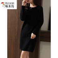 啄木鳥(niǎo)（TUCANO）品牌亮絲羊絨針織連衣裙女圓領(lǐng)套頭一步裙中長(cháng)款寬松百搭100純羊. 黑色 XL