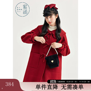 紫涵小A型方領(lǐng)毛呢大衣女冬季學(xué)院風(fēng)門襟手打蝴蝶結(jié)外套 復(fù)古紅 S