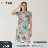 謎底新中式連衣裙短袖2024夏款復(fù)古印花國風(fēng)旗袍裙抽繩246ML7026 淺紫花 S