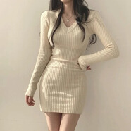 建功秋冬包臀毛衣裙打底修身短裙連體連衣裙緊身女裝秋季短款內(nèi)搭小媽 杏色 L