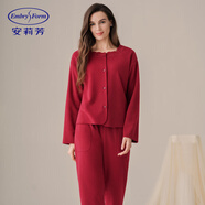 安莉芳【絨暖系】復古本命年雙面搖粒絨睡衣套裝女新年紅色顯瘦家居服 新版蕾絲款-酒紅色BGY XL