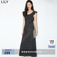 LILY夏新款女裝浪漫碎花荷葉邊領(lǐng)復(fù)古氣質(zhì)修身長(zhǎng)款無(wú)袖連衣裙 510黑 S