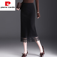 皮爾卡丹（pierre cardin）2025新款蕾絲邊半身裙女高腰直筒顯瘦一步裙中長(cháng)款毛呢包臀裙秋冬 黑色 M