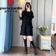 皮爾卡丹感荷葉邊拼接洋氣連衣裙女2025秋季新款寬松遮肉顯瘦時(shí)尚裙子 黑色 L 【建議116-125斤】