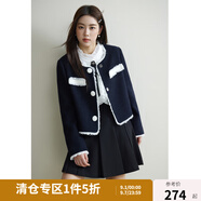 獨(dú)束大碼女裝撞色流蘇邊粗花呢外套女冬裝新款微胖mm羊毛混紡短外套 藏青色 XL