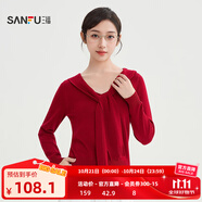 三福毛衣2025秋季綁帶V領(lǐng)蕾絲拼接下擺假兩件上衣女裝507322 大紅 L