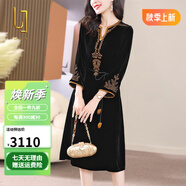 OLJ國際高檔品牌真絲絲絨連衣裙女2025年春秋新款重工刺繡桑蠶絲裙子 黑色 L [適合115-125]斤