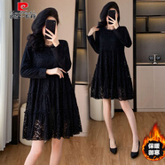 皮爾卡丹秋冬大碼女裝胖妹妹減齡遮肚打底裙顯瘦中長(cháng)款加絨加厚蕾絲連衣裙 圖片色 L 【100-115斤】