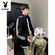 花花公子（PLAYBOY）男士立領(lǐng)夾克2025春秋季新款青少年拼接條紋秋天開衫衛(wèi)衣寬松外套 K1W43黑色 XL