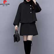 皮爾卡丹（pierre cardin）短裙兩件套女2025春季新款女裝氣質(zhì)韓版毛呢上衣短款休閑時(shí)尚套裝 黑色 M (建議95-105斤 高品質(zhì))