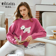 Olrain歐芮兒小狗刺繡提花毛衣女裝秋寬松套頭上衣 玫粉色（第二批） S