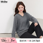 MsShe【V領&圓領】大碼女裝秋裝胖mm仿兔絨紗寬松毛衣 花灰色現(xiàn)貨-2409 2XL