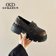 古卡頓（GUKADUN）樂(lè )福鞋子女鞋秋冬季百搭黑色小皮鞋英倫風(fēng)瑪麗珍單鞋厚底增高女鞋 棕色 35