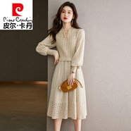皮爾卡丹（pierre cardin）韓國氣質名媛針織連衣裙2025秋冬新款時尚燈籠袖假兩件長款毛衣裙 米白色 均碼