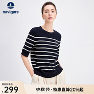Navigare意大利小帆船女士條紋T恤25秋季新品純棉圓領(lǐng)體恤衫寬松顯瘦上衣 藍(lán)底白紋 L
