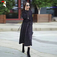 啄木鳥(niǎo)氣質(zhì)m媽裝中長(cháng)款過(guò)膝冬天連衣裙新款中年女加大尺碼秋針織毛衣打 807黑色 3XL 140-160斤