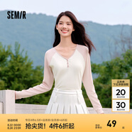 森馬（Semir）【云柔親膚】長袖t恤女短款V領修身上衣24年新款插肩袖休閑薄外套 粉色調01315 XL