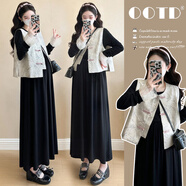 孕婦裝秋套裝2025新款新中式氣質(zhì)大碼顯瘦國風(fēng)連衣裙兩件套秋冬季 黑色連衣裙【單件】 L