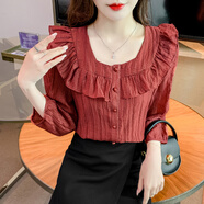 馨悠潔法式方領(lǐng)中袖雪紡襯衫女秋裝2025年秋季邊泡泡袖上衣小衫 紅色 2XL